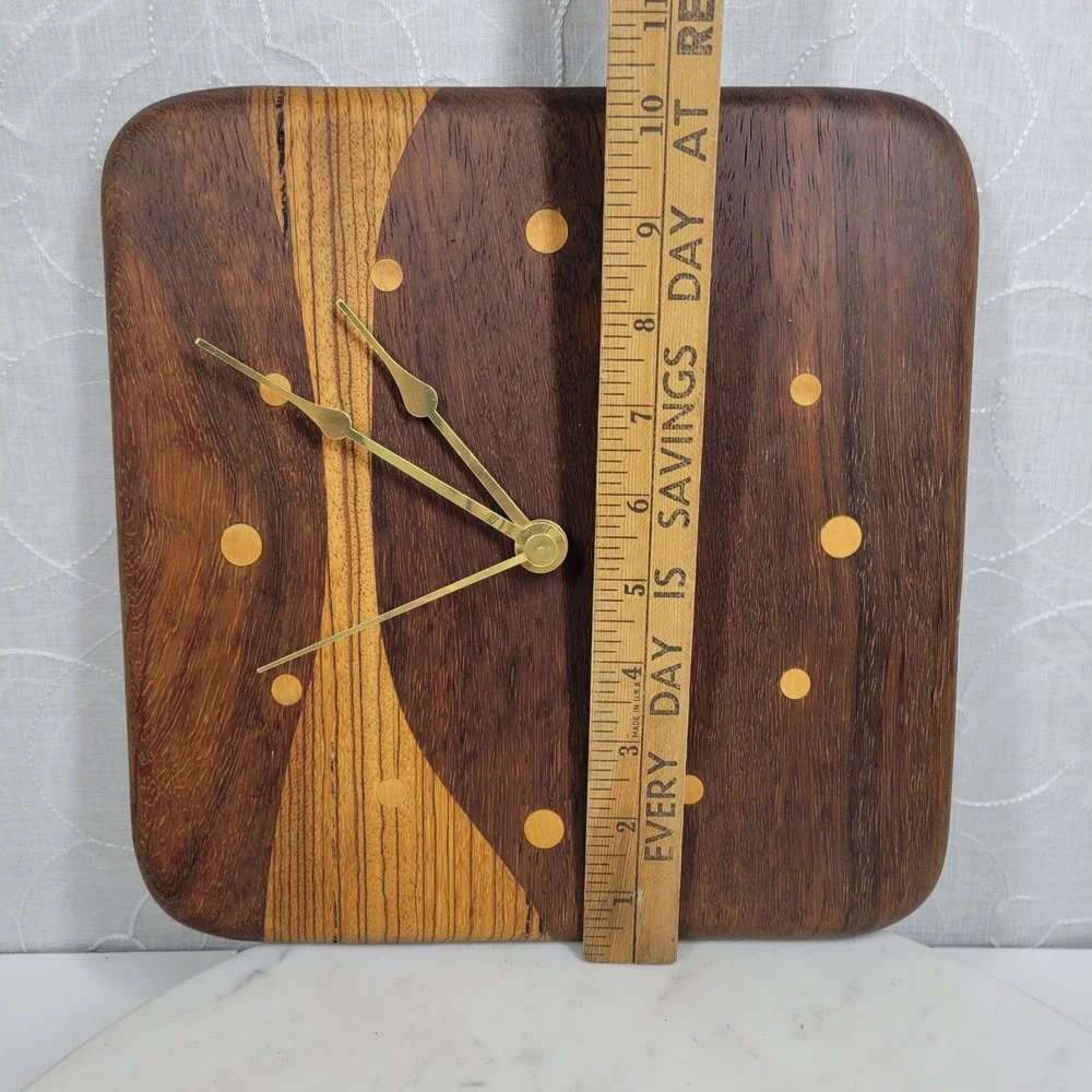 VTG Mixed Wood Wall Clock MCM Brass Hands Quartz Japan Studio Handmade Works